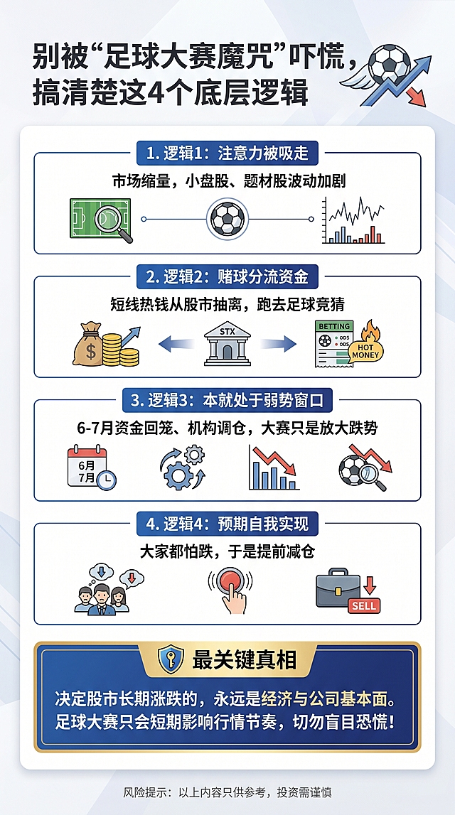制作一张简约高级风格竖版信息图，标题为"别被“足球大赛魔咒”吓慌，搞清楚这4个底层逻辑"，按照以下内容清晰排版：
1. 逻辑1：注意力被吸走 市场缩量，小盘股、题材股波动加剧
2. 逻辑2：赌球分流资金 短线热钱从股市抽离，跑去足球竞猜
3. 逻辑3：本就处于弱势窗口 6-7月资金回笼、机构调仓，大赛只是放大跌势
4. 逻辑4：预期自我实现 大家都怕跌，于是提前减仓
将最后一段"最关键真相"放在高亮框中展示，内容为：决定股市长期涨跌的，永远是经济与公司基本面。足球大赛只会短期影响行情节奏，切勿盲目恐慌！
在文末添加：风险提示：以上内容只供参考，投资需谨慎
整体风格干净简约，使用可商用精美足球和金融相关图标，配色协调舒适
