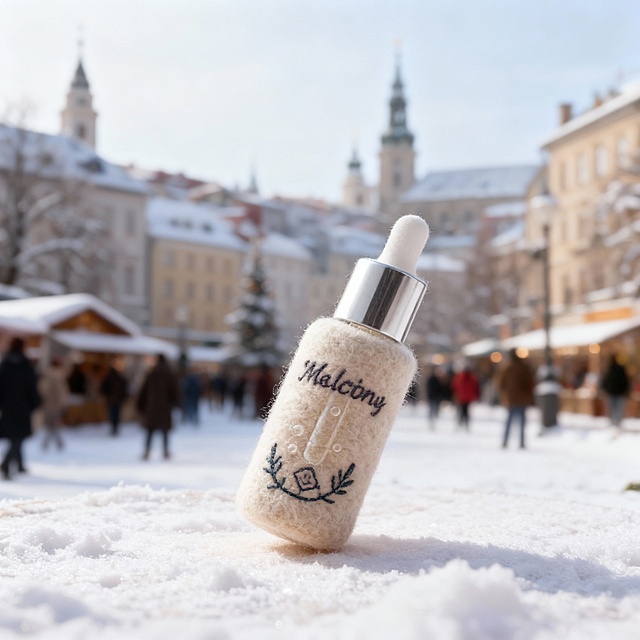 将图示商品变成毛毡质感，瓶身有精致刺绣文字与图案，还原商品颜色细节。冬日城市场景