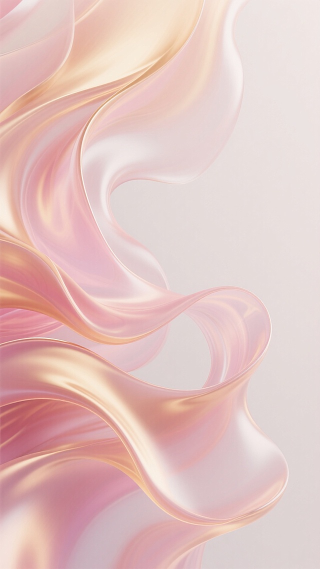 柔和的粉金渐变流体，丝绸质感动态曲线交织，现代简约抽象艺术，半透明材质光晕效果，浅色背景衬托色彩流动
