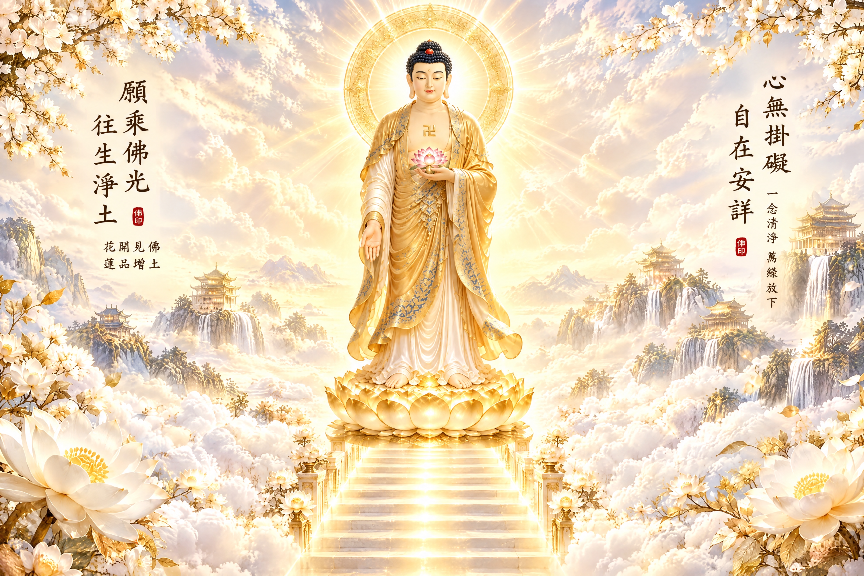 保留图一的整体背景（玉兰花枝、云海、山间寺庙瀑布、金色阶梯、两… - 图片创意预览