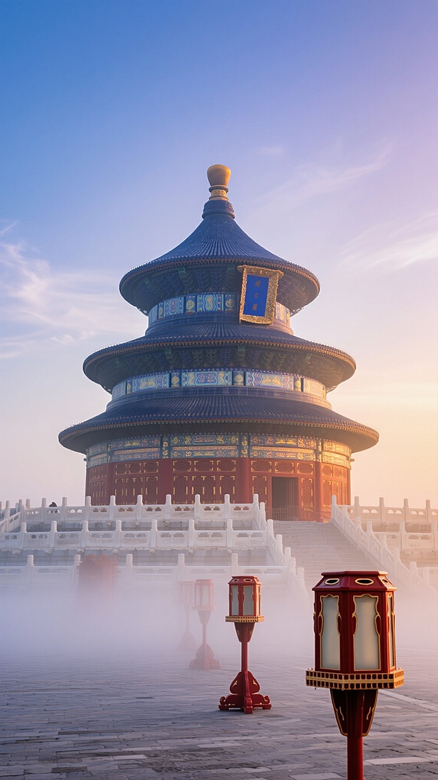 黎明时分，薄雾笼罩下的北京天坛祈年殿，深蓝色琉璃瓦在初升朝阳的柔和金光下熠熠生辉，三层圆形攒尖顶结构清晰可见，红色殿身配以金色装饰和蓝色琉璃瓦檐，殿前汉白玉栏杆与台阶在晨光中泛着温润光泽，近处广场上的传统红色宫灯作为前景元素，从祈年殿正前方稍低角度仰拍，展现建筑的宏伟与庄严，天空呈现渐变的靛蓝色到淡紫色，点缀着几缕轻柔的晨雾，整体画面光影细腻，色彩真实自然，保留原照片的写实摄影风格与古建筑细节质感，营造出宁静肃穆的清晨氛围。