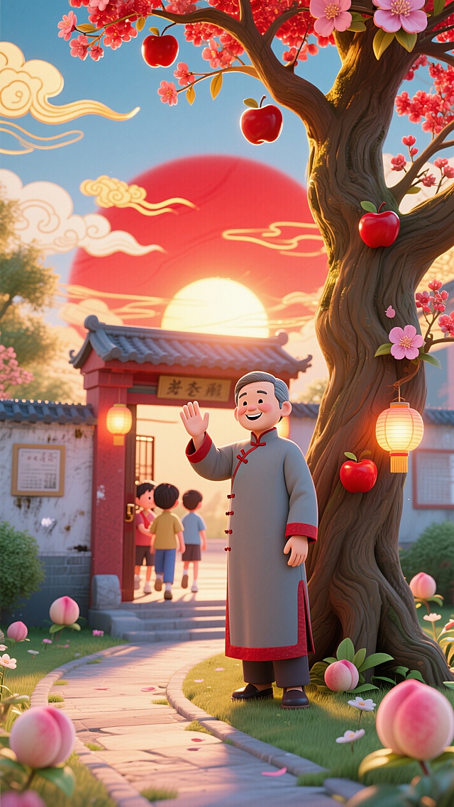 中式卡通3D风格，拟人角色喜庆梦幻，清新背景迎接新春。