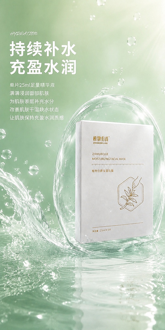 将整张详情图的背景底色统一替换为浅薄荷绿渐变柔焦风格，背景为柔和的薄荷绿色渐变（从浅薄荷绿到更浅的薄荷绿过渡），带有柔焦朦胧质感。画面中的面膜盒产品、大水泡、水滴、水面波纹、文字内容等所有前景元素均保持原样不变，位置、大小、颜色、文字内容完全一致，仅替换背景底色。产品和文字清晰锐利，背景柔焦朦胧。