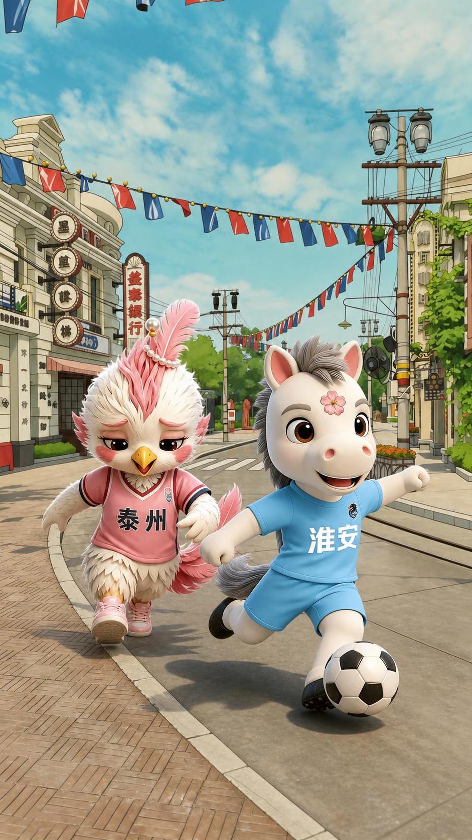将图1的粉色小鸟吉祥物和图2的蓝色小马吉祥物，放到图3的复古街… - 图片创意预览
