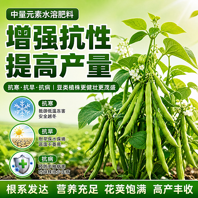 增强抗性提高产量卖点，展示健壮茂盛的豆类植株，体现抗寒抗旱抗病，拼多多主图1:1绿色风格