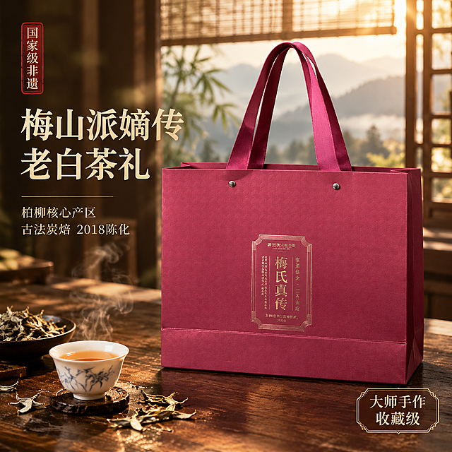 [主图-1] 手提礼袋首图 非遗大师茶礼 高端送礼场景。[统一基调] 国风高级质感 深酒红与暖金配色 自然暖光侧逆光 商业摄影级 抖音1:1主图。[画面] 画面中央偏右放置梅氏真传酒红色手提礼袋 保持原包装外观 酒红色暗纹肌理 正面烫金“梅氏真传”竖排文字与金色边框完全一致 不改变包装设计 礼袋置于温润深棕色木质茶桌上 左侧留白放文案 背景为虚化的中式茶室落地窗 隐约可见竹帘与远山 桌面散落少量干枯白茶茶叶与一只白瓷茶杯 杯中有半杯琥珀色茶汤 热气微微升腾 营造老白茶温润氛围 主体占画面约65% 视角为微俯视45度 礼袋完整不切割。[光影质感] 自然暖阳侧逆光 礼袋表面有细腻暗纹反光 烫金文字有金属光泽 木质桌面有柔和接触阴影 整体通透有层次 拒绝生硬影棚光。[配色] 背景深棕与暖米白 主标题暖金色 辅助文案米白色 强调色酒红 与产品包装呼应。[文字版式] 左上角竖排小印章式文字“国家级非遗” 左侧中部主标题大字“梅山派嫡传 老白茶礼” 主标题下方两行小字“柏柳核心产区 古法炭焙 2018陈化” 右下角小标签“大师手作 收藏级” 字体为厚重国风宋体 标题粗 正文细 文字清晰不遮挡主体。[输出要求] 1:1正方形 2048x2048 文字清晰可读 产品包装外观与原图一致 无变形 无错字 无水印 无平台Logo 无多余杂物 负向：模糊 杂乱 变形 穿模 悬浮