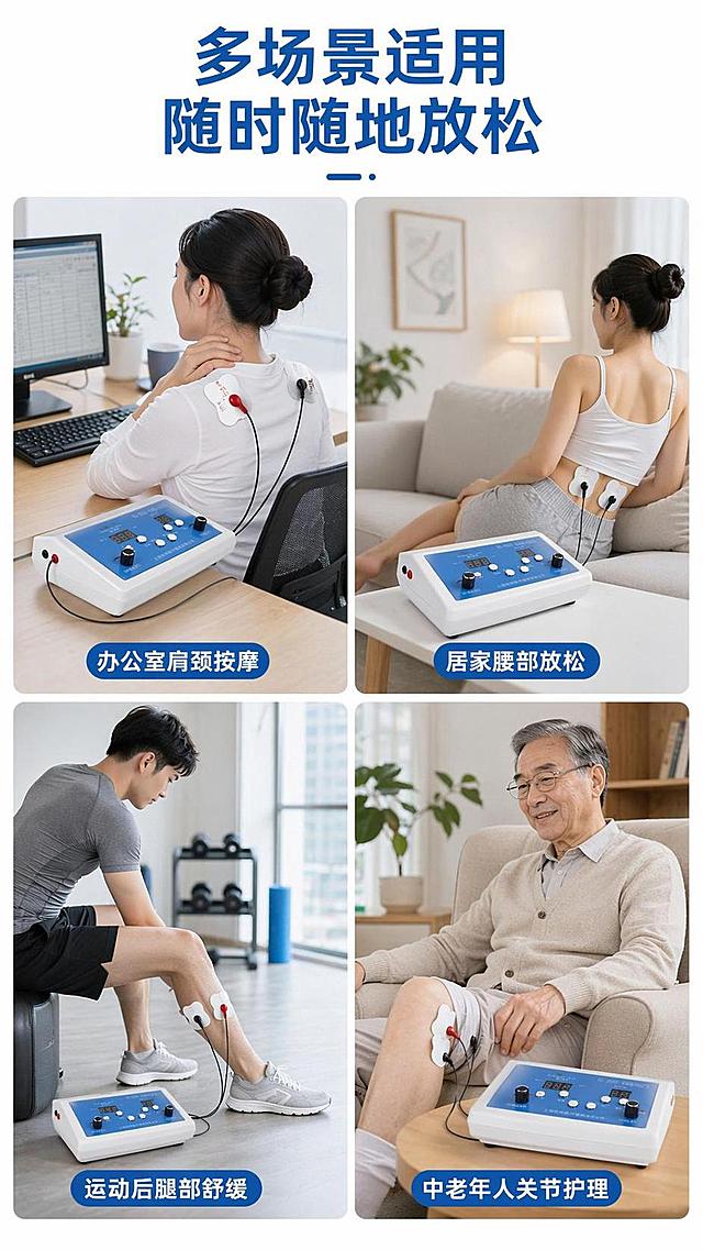 [第7屏] 多场景使用拼图-展示不同人群适用场景。本屏使用【图1】产品元素。
[氛围/风格] 生活化拼图风，自然明亮，真实场景代入。
[元素布局] 顶部主标题，画面分为四格拼图，每格展示一个使用场景：1. 办公室肩颈按摩、2. 居家腰部放松、3. 运动后腿部舒缓、4. 中老年人关节护理；每个场景含产品局部或完整使用画面，产品外观和输入图一致。
[光影质感] 每个场景光线自然，真实生活光影，拼图边缘干净不杂乱。
[配色色系] 每个场景保持自然色调，全局整体蓝白协调，不突兀。
[视角构图] 田字格四拼图结构，每个场景独立展示，信息清晰。
[文字版式] 顶部主标题「多场景适用 随时随地放松」，每个场景格子下方标注场景名称，文字小巧清晰，不遮挡场景画面。
[比例分辨率] 9:16竖版比例，4K分辨率，文字清晰可辨，高清画质。
[负向提示词] 场景重叠，产品变形，文字过小，画面模糊，配色杂乱