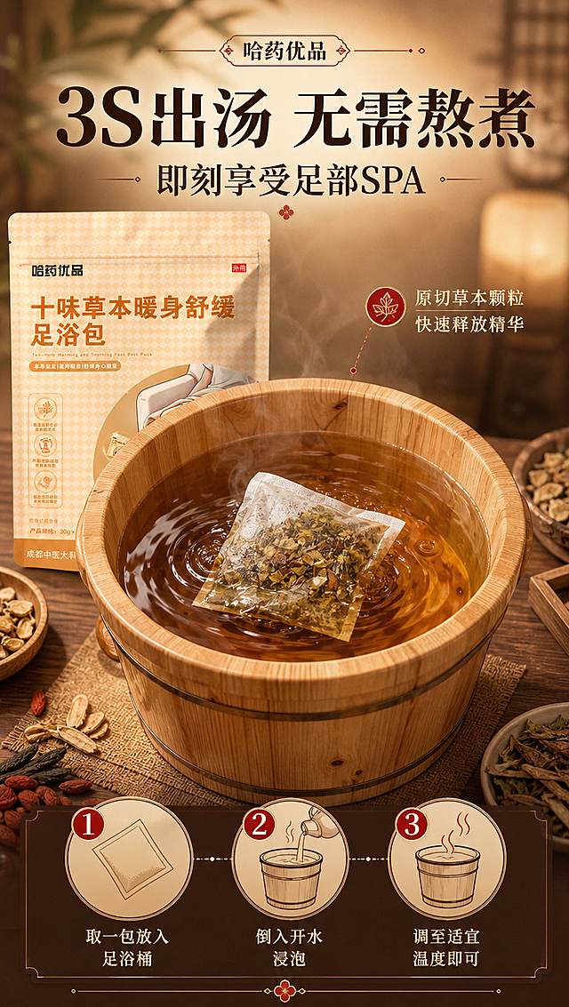 [商品] 使用【图1】哈药优品十味草本暖身舒缓足浴包包装袋及独立无纺布小包；保留包装原貌，无纺布小包放入木质足浴桶中，展示出汤过程。
[画面] 目标：3S出汤无需熬煮的使用优势演示。构图：中心聚焦式，中间木质足浴桶+正在溶解的足浴包为主体，占画面50%；上方标题，下方三步流程说明。景别：中景特写。阅读动线：从上到下，标题→中心出汤画面→三步流程。前中后景：前景水面波纹与草本汤色、中景足浴桶和药包、后景深暖棕虚化背景+暖光。
[视觉] 套系策略：风格=新中式国风养生商业摄影，温润有质感；标题字=宋体衬线粗体（古风感）；正文字=简洁黑体；主色=深暖棕咖（比参考图色系深一度）；背景延展=基于深暖棕咖做深浅层级、同色渐变和宣纸/木纹质感；强调色=朱砂红，仅用于小面积图标、引线和标签；标题色=深棕近黑；正文色=暖棕灰；组件=圆角深棕信息卡、细线引线、中式分隔线；光影=左前侧暖柔光，背景有暖光晕染。
[文字] 顶部主标题"3S出汤 无需熬煮"，副标题"即刻享受足部SPA"；底部三步流程带编号：「① 取一包放入足浴桶」「② 倒入开水浸泡」「③ 调至适宜温度即可」；右侧小字说明"原切草本颗粒 快速释放精华"。文字均为横排。
[规格] 图片比例9:16竖版，4K分辨率，负向提示：避免汤色不真实、错字、文字过小、冷蓝背景、绝对化用语、虚假功效承诺。