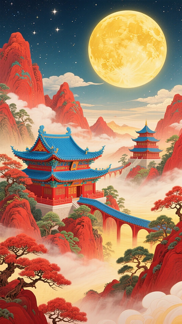 中国传统古建（如宫殿、亭台楼阁），飞檐翘角，色彩绚丽（蓝、红为主色调）。蓝色屋檐，一座宫殿连接着几座楼阁
连绵起伏的山峦，形态奇幻；一轮巨型黄月高悬天际，星空点缀；云雾缭绕山间，营造出缥缈的仙境感；还有红松、绿树等植被点缀。
以红、黄为主的暖色调，色彩饱和度高，融合了传统工笔与现代数字艺术的表现手法，呈现出富有冲击力的国潮视觉效果。