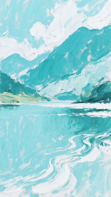 一幅以厚重油画笔刷笔触绘制的自然景观抽象画，画面整体色调改为清新的蓝绿色系，保留了原图中粗犷、富有动感的白色笔触与背景色交融的纹理效果，融入远山轮廓、流动的云彩和水面波纹等自然景观元素，笔触方向和力度营造出自然的韵律感，色彩过渡柔和而富有层次，整体呈现出宁静而富有生机的自然氛围。预览效果