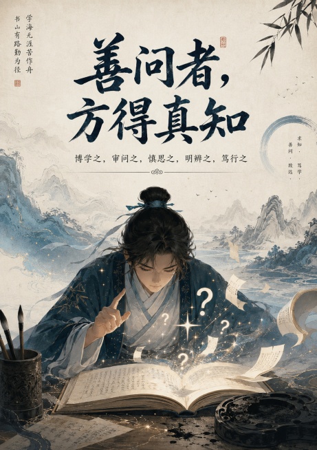 国风简约现代融合风格文化海报，契合读书治学沉静氛围，整体色调为墨黑、米白、青黛浅蓝。中心主视觉是古风少年俯身对着摊开的古籍书卷，指尖轻抬做出发问姿态，书卷上漂浮着问号、星光和书页碎片，象征求知发问。背预览效果