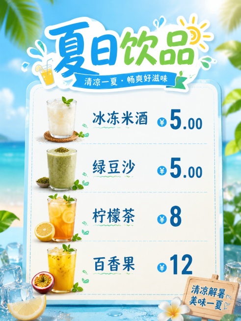 冰冻米酒5.00
绿豆沙5.00
柠檬茶8
百香果12海报设计适合夏天的背景价目表，3:4预览效果