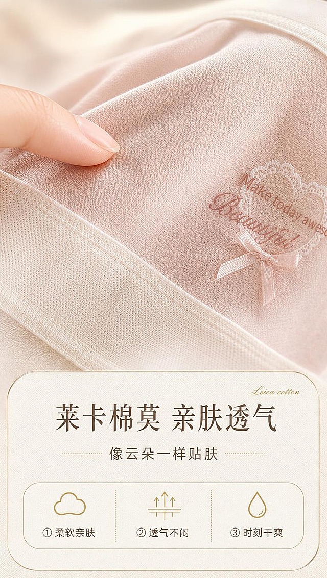 [商品] 使用【图2】浅粉色超弹莱卡棉内裤局部；商品处理：保留莱卡棉莫面料纹理、细腻织物质感、浅粉色调、缝线针脚；放大面料细节，增强棉莫面料的柔软亲肤质感与纤维纹理，不改变面料材质和颜色。
[画面] 页面目标：面料亲肤透气展示，突出莱卡棉的柔软细腻与透气性。构图：上大下小，上半部约65%为面料微距特写（手指轻触面料示意柔软），下半部约35%放文案与透气示意；产品面料占画面约60%。景别：微距特写。前中后景：前景手指轻触面料纹理、中景内裤面料主体、后景柔焦浅米色背景。阅读动线：从上至下，先看面料质感再读卖点。
[视觉] 套系策略：风格=高级温柔商业摄影风，浅米色系品牌感；标题字=纤细优雅宋体衬线体，字重中等偏细；正文字=简洁无衬线圆体；主色=浅米色（奶杏米白）；背景延展=基于浅米色做深浅层级渐变、细腻棉麻织物/哑光纸张质感；强调色=香槟金色，仅用于小面积装饰线、图标点缀、标题英文角标；标题色=深棕褐色；正文色=暖灰褐色；组件=细金线圆角信息卡、极细引线、柔焦光斑；光影=左前侧暖柔自然光，柔和漫射阴影，整体低对比度暖调。
[文字] 画面下部主标题「莱卡棉莫 亲肤透气」，副标题「像云朵一样贴肤」，下方3个卖点：①柔软亲肤 ②透气不闷 ③时刻干爽；配金色小图标，文字全部横排，手机端清晰可读。
[规格] 图片比例9:16竖版，4K分辨率，负向提示：避免变形、错字、文字过小、冷蓝背景、面料颜色改变、低俗擦边、水印。