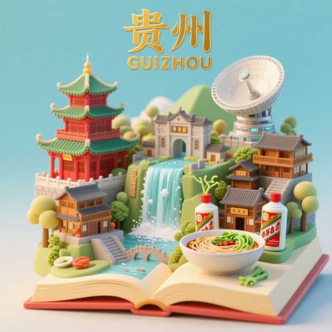 一个书本，里面是城市微缩景观，有贵阳甲秀楼、黄果树瀑布、西江苗寨，茅台酒，遵义会议旧址，平塘天眼，加一点折耳根，肠旺面等美食，画布上方印有中文“贵州”和英文"GUIZHOU",整体画面生动，喜庆热闹，预览效果