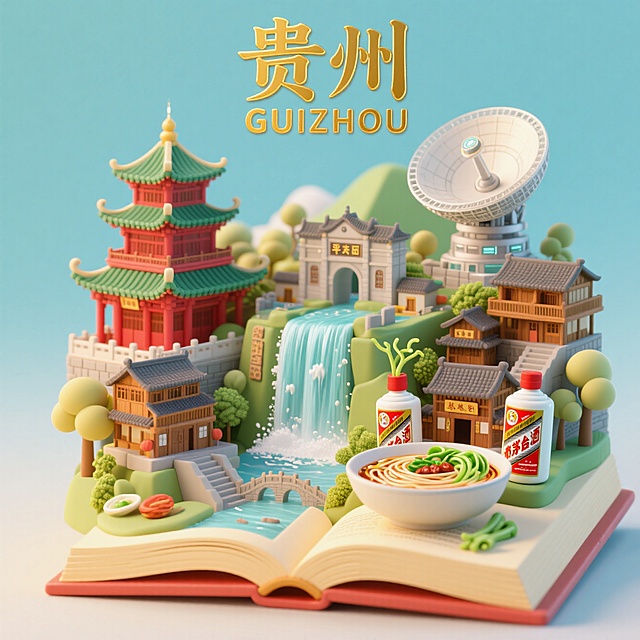 中式感与清新感结合，3D微缩艺术风展现贵州特色，简约卡通设计，融入传统与现代元素。