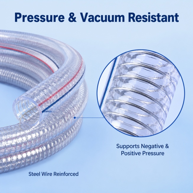 [Main Image 3] Pressure and Vacuum Resistance advantage display of PVC Steel Wire Hose. Low saturati预览效果