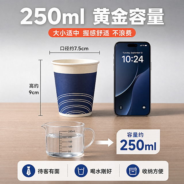 [主图-6] 主题：250ml容量尺寸参照。
[统一基调] 抖音电商高点击风格，场景化洁净感，主色深蓝+米白+暖木色，标题字白色粗体，强调色橙红色，字体为现代无衬线粗体，字号层级分明，卡片圆角轻阴影，整体明亮通透有生活气息。
[画面] 画面中央一只喜凤缘深蓝色商务纸杯直立放置，旁边并排放置一部普通智能手机作为尺寸参照物，手机高度略高于杯子，直观展示杯子大小。杯子左侧有竖向尺寸标注线，标注"高约9cm""口径约7.5cm"。杯子前方有一个透明量杯，里面装有250ml清水，旁边箭头指向纸杯，表示容量为250ml。背景为干净的浅灰色渐变，底部有浅木色台面。
[光影质感] 产品摄影棚拍质感，光线均匀柔和，杯身立体，尺寸标注清晰，参照物比例准确。
[配色] 背景浅灰渐变，产品深蓝+米白，标注线深灰色，容量数字蓝色高亮。
[文字版式] 顶部大标题"250ml 黄金容量"。左侧尺寸标注文字清晰。下方一行小字"大小适中 握感舒适 不浪费"。底部三个小图标+短词："待客有面""喝水刚好""收纳方便"。文字全部横排，布局清晰。
[输出要求] 比例1:1，尺寸标注准确清晰，产品不变形，文字可读，无水印无平台Logo。负向：比例失调、标注模糊、杯子变形、文字错字。