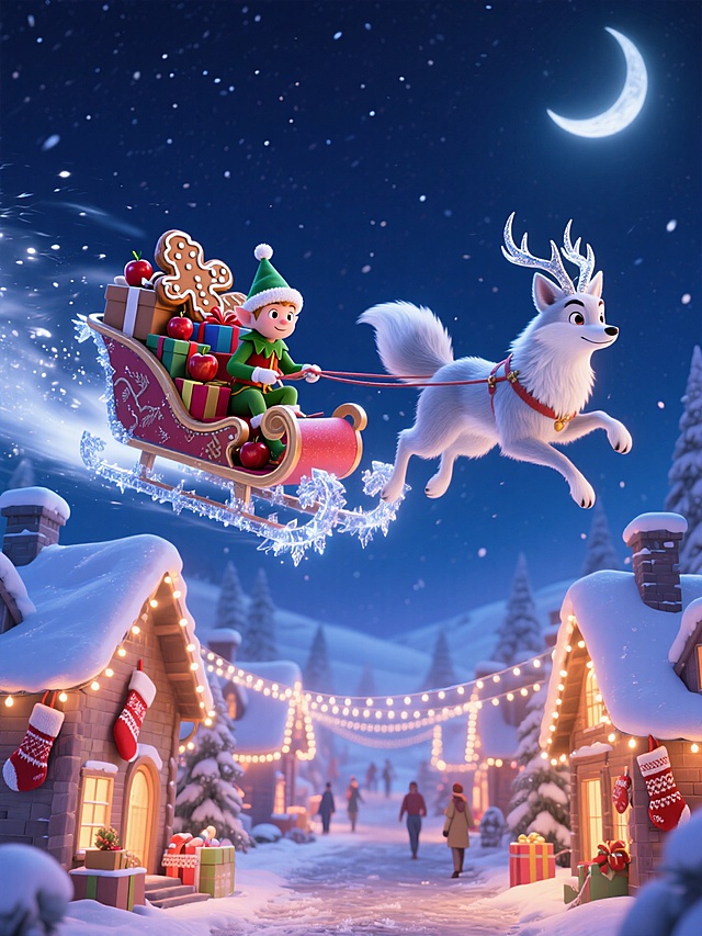 梦幻3D风圣诞夜，拟人小精灵驾雪橇飞越温馨村落，白狐牵引，粒子星光环绕，喜庆灯光点亮冬日童话。