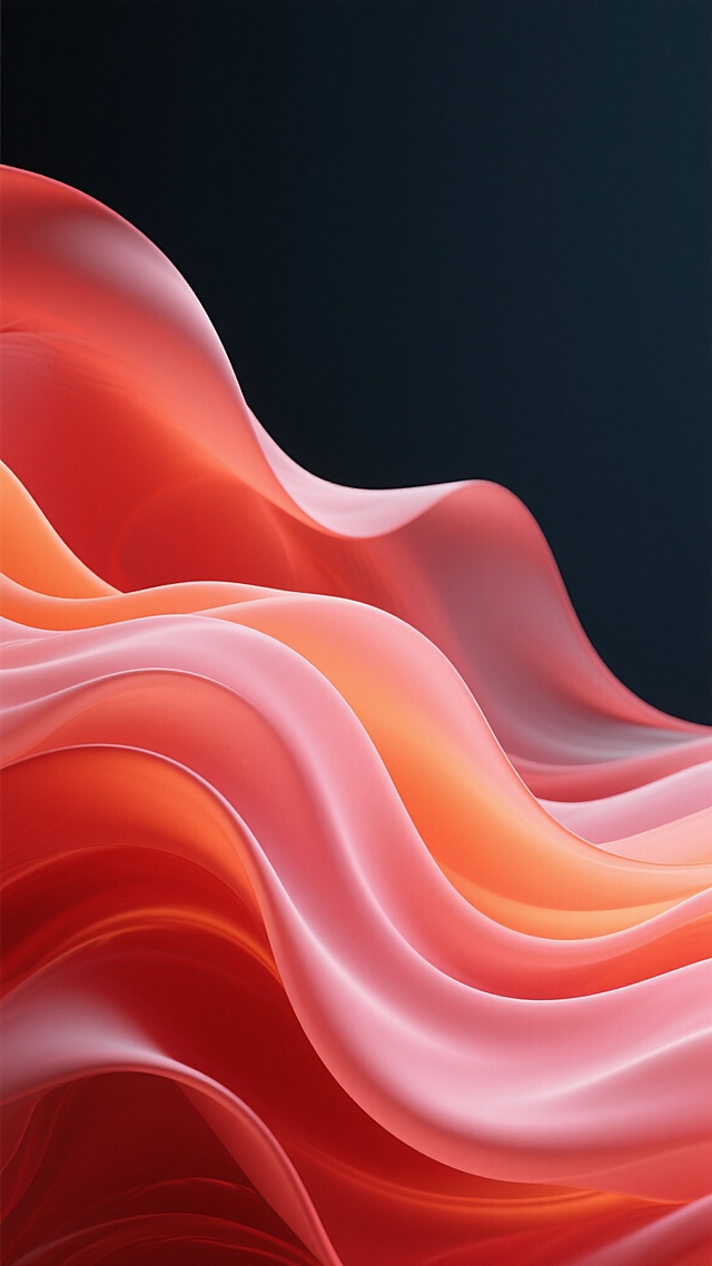 以红色为主色调，由深到浅的渐变过渡，融合橘红、粉红等暖色调，呈现出流动的丝绸质感，光滑细腻的表面带有柔和的光泽，波浪状的曲线形态，轻盈飘逸，具有层次感和立体感，整体画面简洁大气，营造出温暖、优雅、灵动的氛围。