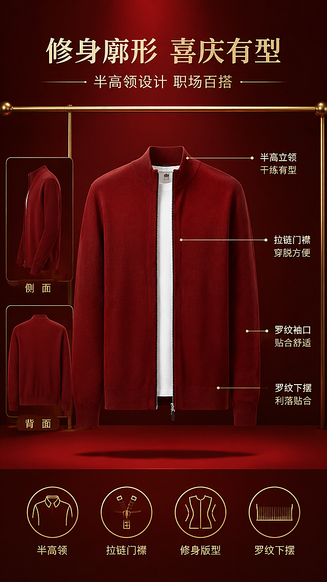 [第2张] 详情页版型解析-正红色半高领拉链针织开衫多角度廓形展示。本张使用【图1】作为商品主体。
[氛围/风格] 简约喜庆风，暖调光影，商业产品摄影质感，信息图版式。
[元素布局] 画面中央展示开衫正面全貌，占比约45%；左右两侧分别排列侧面图和背面图小图，各占约20%；背景为深红色喜庆背景+金属挂架+柔光效果；从半高领、肩线、袖口、下摆、门襟处引出细线标注设计亮点；保持开衫颜色、针织纹理、结构、拉链与输入图一致。
[光影质感] 顶部柔光照明，左右辅光补光，衣服褶皱自然，针织纹理清晰，立体感强，底部柔和投影。
[配色色系] 全局底色 #660000 深红色；主色正红色针织开衫；辅助色古铜金线条、白色文字；点缀色金属银拉链。
[视角构图] 中间主图+左右双小图布局，阅读动线从主标题→主图→两侧细节小图→底部卖点。
[文字版式] 版式为顶部居中标题+中主图左右双小图+底部卖点条。主标题「修身廓形 喜庆有型」，副标题「半高领设计 职场百搭」，无衬线细体居中；引线标注文字：「半高立领 干练有型」「拉链门襟 穿脱方便」「罗纹袖口 贴合舒适」「罗纹下摆 利落贴合」；底部4个图标配短句：半高领/拉链门襟/修身版型/罗纹下摆。
[比例分辨率] 9:16 竖版比例，2K分辨率，文字清晰可辨，高清画质。
[负向提示词] 衣服变形，比例失调，颜色偏差，水印，文字错乱，结构错误。