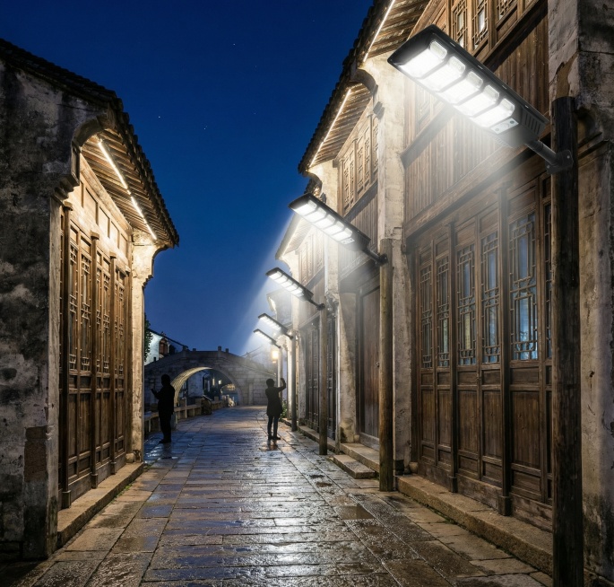 夜幕初降，华灯初上。白色的灯光从古老的墙壁上洒下，既照亮了脚下的青石板路，又温柔地洗亮了古建筑的屋檐和木窗。三到五盏灯在画面中形成有韵律的光线引导，远方是深蓝色的天空和古桥的剪影。一两位游客的剪影正驻预览效果