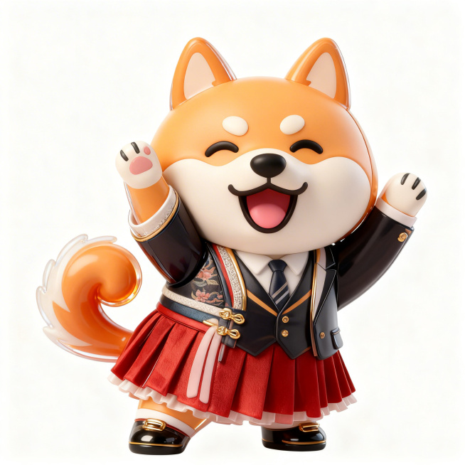 为该柴犬IP形象设计更多不同风格服装延展，包含古风汉服、运动套装、可爱洛丽塔、商务正装等造型，保留IP原有可爱特征和3D潮玩风格，简洁背景预览效果