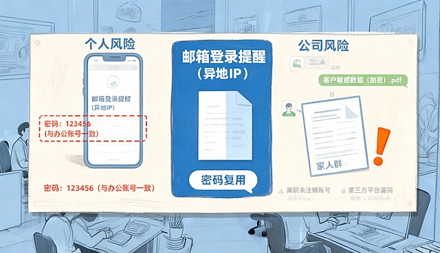 帮我生成图片：图片风格参考附件，图片描述：分栏式场景设计，左栏展示 “个人风险”：手机屏幕显示 “邮箱登录提醒（异地 IP）”，下方标注 “密码：123456（与办公账号一致）”，红色虚线框出 “密码复用” 问题；右栏展示 “公司风险”：员工微信对话框打开，误将标有 “客户敏感数据（加密）.pdf” 的文件发给 “家人群”，文件旁有橙色感叹号；底部用灰色小字标注 “离职未注销账号”“第三方平台漏洞” 等补充风险点，整体用图标 + 文字结合的信息图形式，清晰拆解泄露源头。