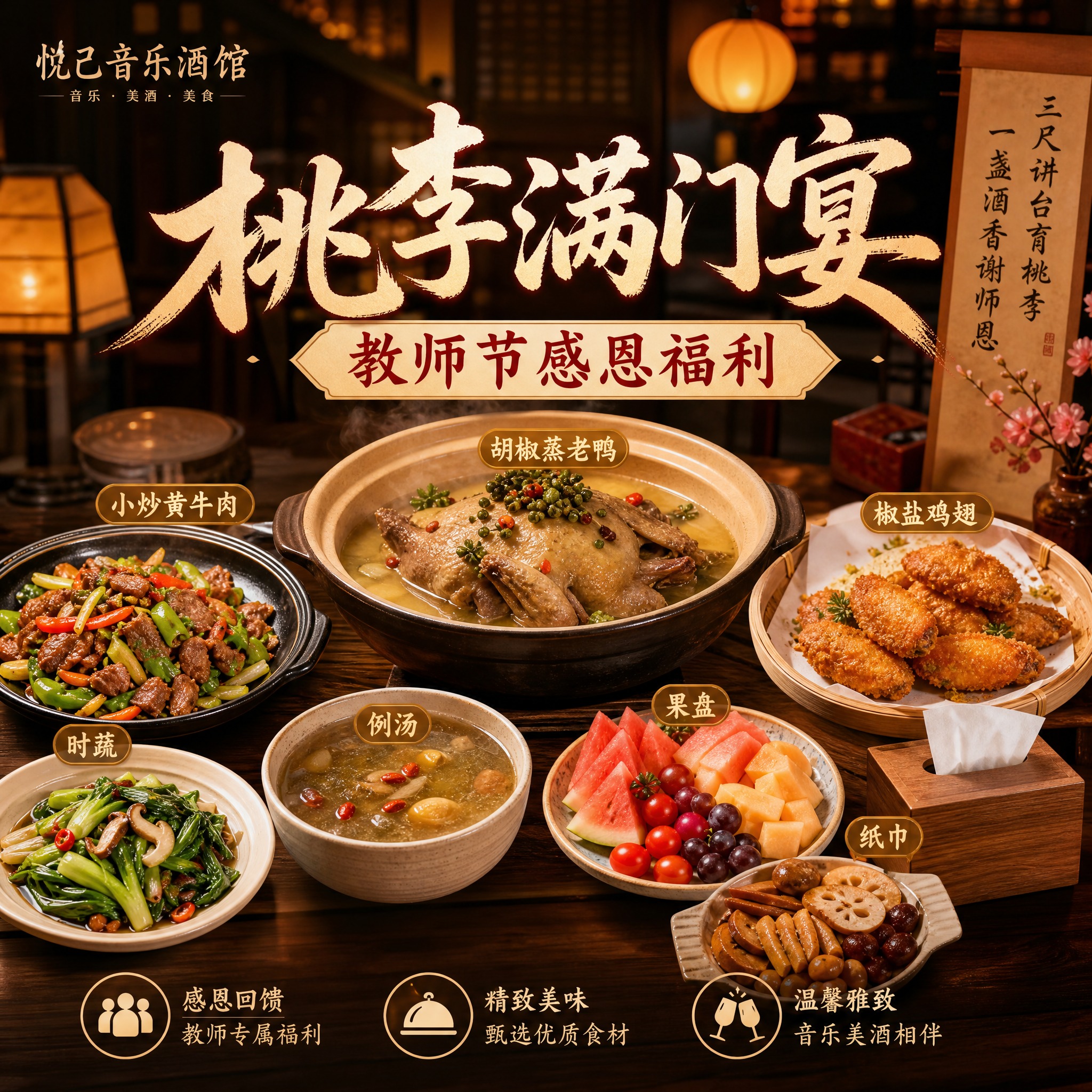 悦己音乐酒馆教师节团购头图，1:1正方形构图，温馨雅致的中式酒… - 图片创意预览