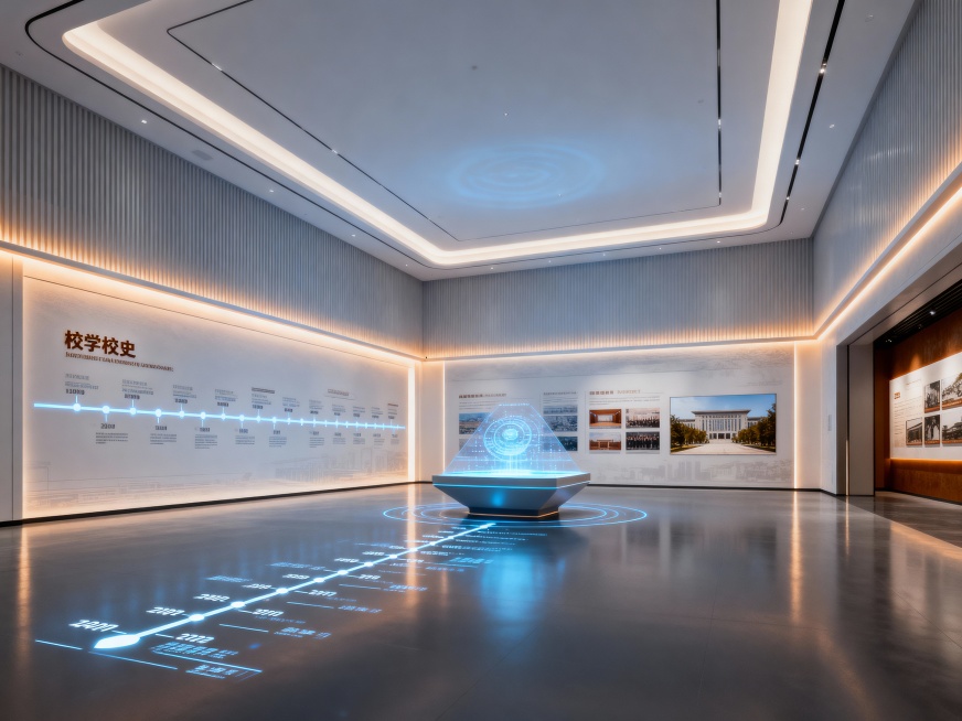 实文化一小校史展厅
序厅：时光之门・精神序章​
核心视觉​
主形象墙，镌刻校训 “崇德笃学 砺行致远”，下方嵌入地面投影时间轴，流动呈现建校以来关键年份。中央设置全息投影装置，循环播放由师生共同拍摄的预览效果