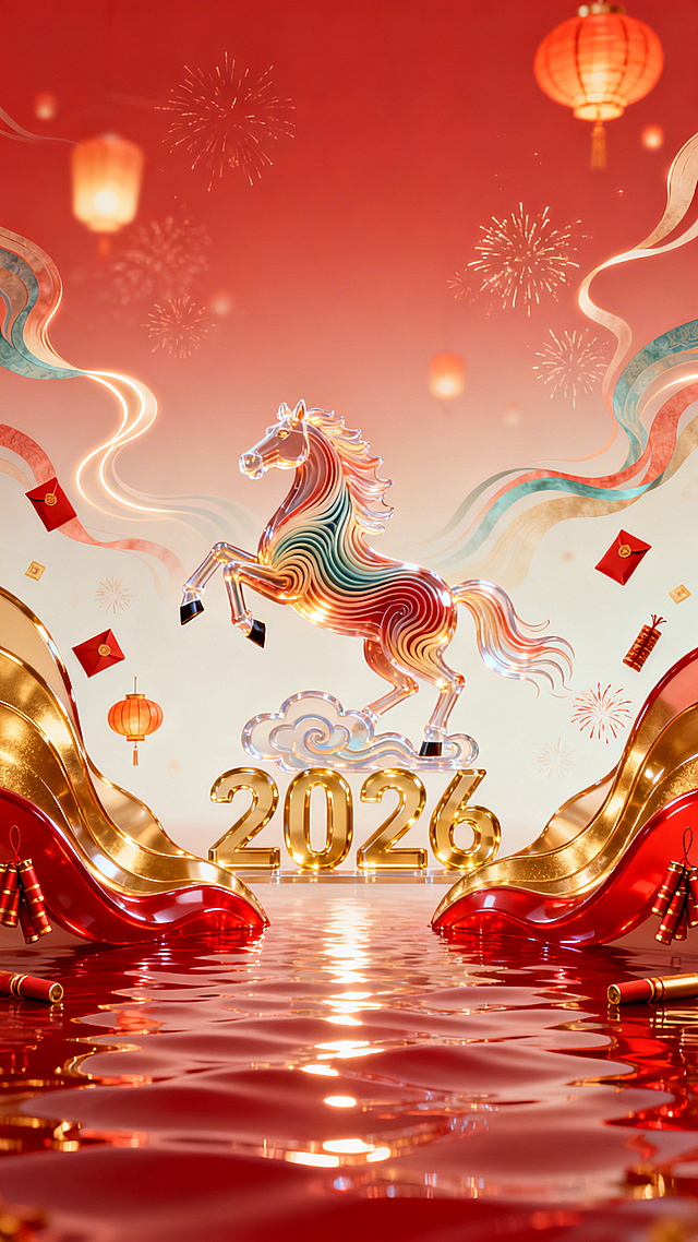 3D国潮风玻璃马跃然于鎏金云海，光影流动间尽显梦幻与喜庆，金属质感数字“2026”映照水面，红金交织，年味十足。