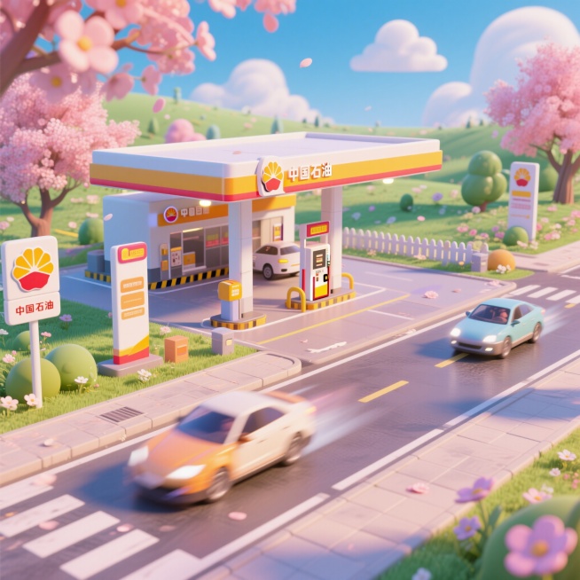 卡通风格春暖花开的风景背景，画面中间是中国石油的加油站，加油站旁的道路上有飞驰的汽车预览效果