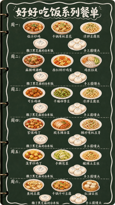 手绘美食菜单，黑板笔记本风格，标题为"好好吃饭系列餐单"，按照以下菜品排版：第一行周一：临沂炒鸡、干锅有机菜花、凉拌豆腐丝，第二行：撒了黑芝麻的白米饭、手工圆馒头，第三行周二：麻辣啤酒鸭、西红柿炒鸡蛋预览效果
