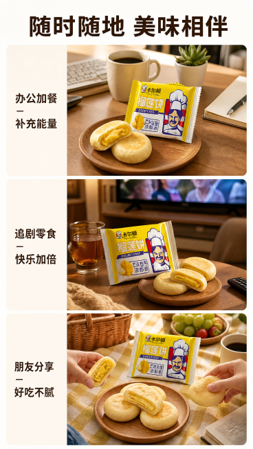 [第6屏] 多场景种草屏，展示卡尔顿榴莲饼的不同食用场景。本屏使用图1作为产品参考。
[氛围/风格] 生活化治愈风格，暖调自然光，多种场景拼接，传递分享快乐氛围。
[元素布局] 采用三段竖拼布局，每段预览效果