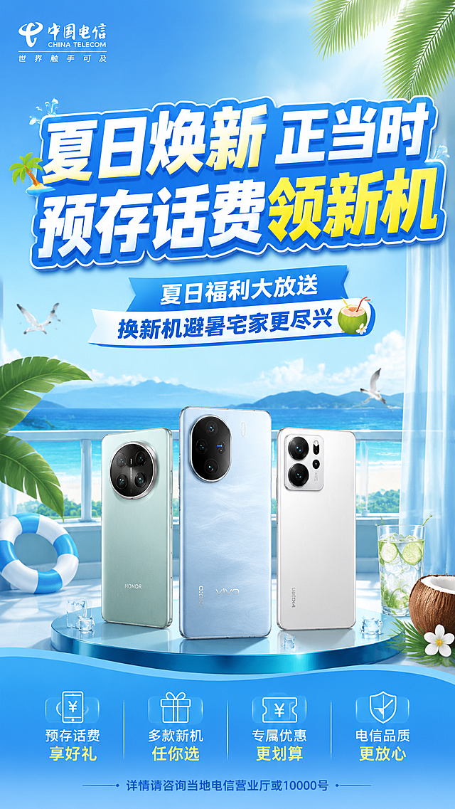 夏日焕新正当时 预存话费领新机海报，副标题：夏日福利大放送 换新机避暑宅家更尽兴，夏日清爽风格，蓝色渐变背景，智能手机产品展示，清凉海风椰子元素，电信促销活动宣传海报，主标题"夏日焕新正当时 预存话费领新机"，副标题"夏日福利大放送 换新机避暑宅家更尽兴"