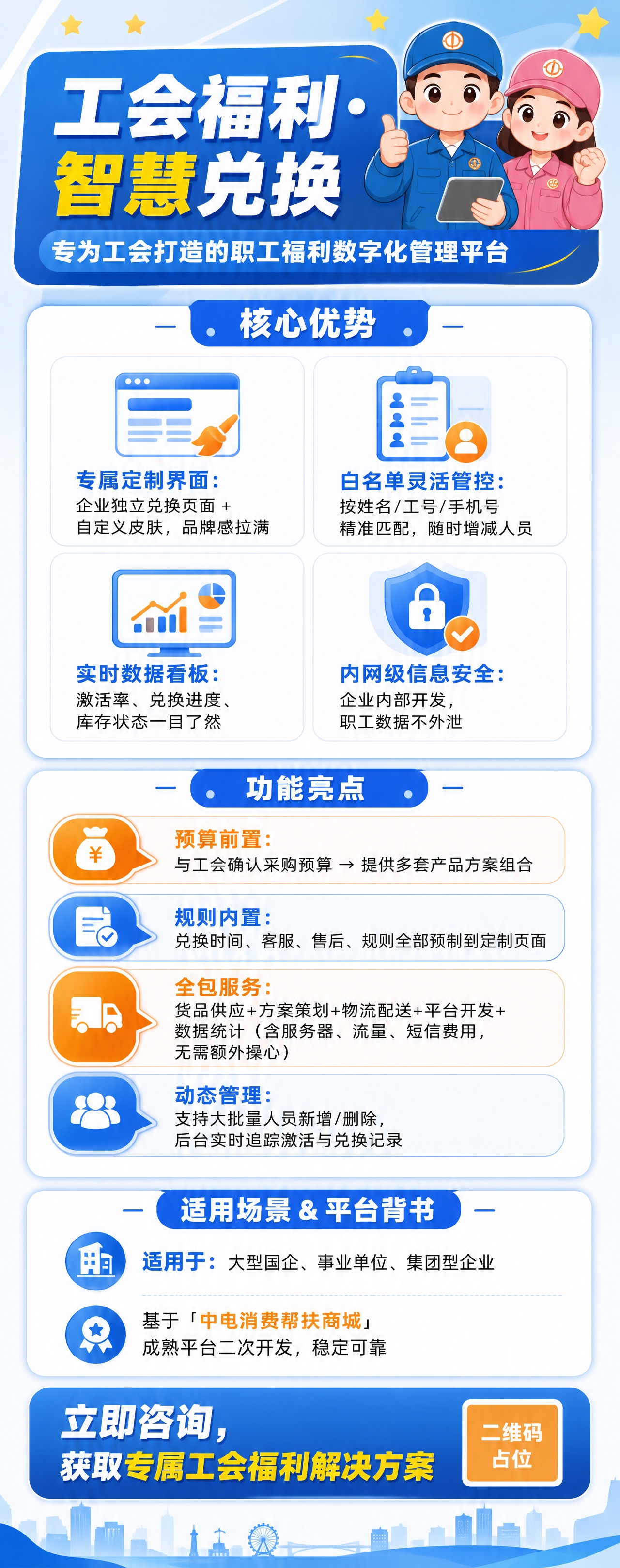 参考图版式骨架复刻，制作一款工会福利数字化平台易拉宝（竖版超长… - 图片创意预览
