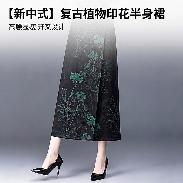 [主图 1] 新中式黑绿印花开叉长款半身裙产品主图
[氛围/风格] 精致高级，成熟气质女装风格，简约高级棚拍质感
[画面元素] 商业摄影质感、光线柔和通透、产品清晰真实、画面干净高级。保持原有模特和半身裙产品外观不变，产品版型和印花与原图保持一致，模特穿着半身裙展示整体效果，整体居中构图，背景为简约渐变灰，突出产品主体，保留裙子开叉设计和植物印花细节。
[配色色系] 主色调：黑绿（裙子），辅助色：渐变灰背景。
[视角构图] 平视拍摄，景深适中，主体完整清晰，无边框大图满铺
[文字版式] 左上负空间左对齐，主标题“【新中式】复古植物印花半身裙”，黑色粗体大号字，副标题“高腰显瘦 开叉设计”，小字位于主标题下方，文字不遮挡主体
[比例分辨率] 1:1比例，2k分辨率，文字清晰可辨，超高清
[负向提示词]变形，水印，文字错乱，产品图模糊，背景杂乱，遮挡主体，文案错位