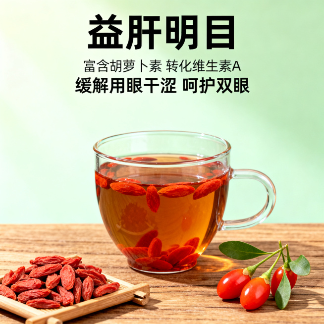 [功效图 2] 宁夏中宁枸杞明目功效介绍图
[氛围风格] 自然简约养生风，干净通透
[画质] 商业设计质感，画面清晰干净，文字锐利
[元素] 一杯枸杞茶放在原木桌面，旁边放着晒干的枸杞子和几颗新鲜带叶预览效果