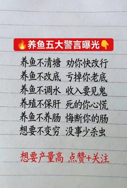 「图片1」🔥养鱼五大警言曝光👇养鱼不清塘 劝你快改行  养鱼不改底 亏掉你老底  养鱼不调水 收入要见鬼  养殖不保肝 死的你心慌  养鱼不养肠 悔断你的肠  想要不变穷 没事少杀虫预览效果