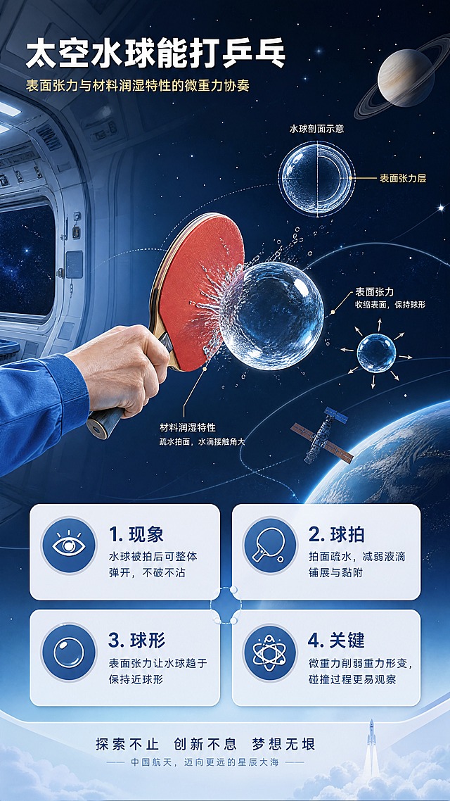 航空航天科普海报第三屏（收束篇），竖版9:16。整体风格与前两屏统一，参考【图1】的深蓝宇宙+浅蓝渐变配色，现代科技感科普杂志风，干净通透、柔和光影、轻微空间纵深；背景从左侧舱内场景向右过渡到广阔宇宙空间，形成系列结束感。

画面内容：
- 背景：左侧延续空间站舱内元素（与第二屏衔接），右侧展开为深蓝星空、蓝色星球、土星环、轨道线，形成完整宇宙画面收束
- 中部主视觉：一只穿着蓝色工作服袖子的手（彩铅绘画质感，细腻笔触）持红色乒乓球拍，击打一颗悬浮的透明水球，水球保持完整球形，表面有光泽折射；画面重点展示球拍与水球碰撞的瞬间动态
- 装饰元素：水球剖面示意、表面张力箭头线、材料润湿特性标注线、轨迹弧线
- 下方：四个信息模块（2x2排列或错落布局）

文字内容（全部横排，清晰可读）：
- 左上大标题："太空水球能打乒乓"（白色粗体大字）
- 副标题："表面张力与材料润湿特性的微重力协奏"（暖金色小字）
- 四个信息模块（关键词+说明短句）：
  1. 「现象」水球被拍后可整体弹开，不破不沾
  2. 「球拍」拍面疏水，减弱液滴铺展与黏附
  3. 「球形」表面张力让水球趋于保持近球形
  4. 「关键」微重力削弱重力形变，碰撞过程更易观察

视觉系统：与前两屏完全统一——主色深空蓝+浅天蓝渐变，强调色暖金色，白色标题，深灰蓝正文；圆角信息卡、细线引线、圆点图标、线性轨迹线；光影柔和通透；右侧星球与轨道元素呼应【图1】的视觉元素，形成系列完整收尾。

负向：真人脸部、真人摄影、卡通Q版、动漫、蜡笔画、霓虹发光、文字乱码、与前两屏风格不统一。