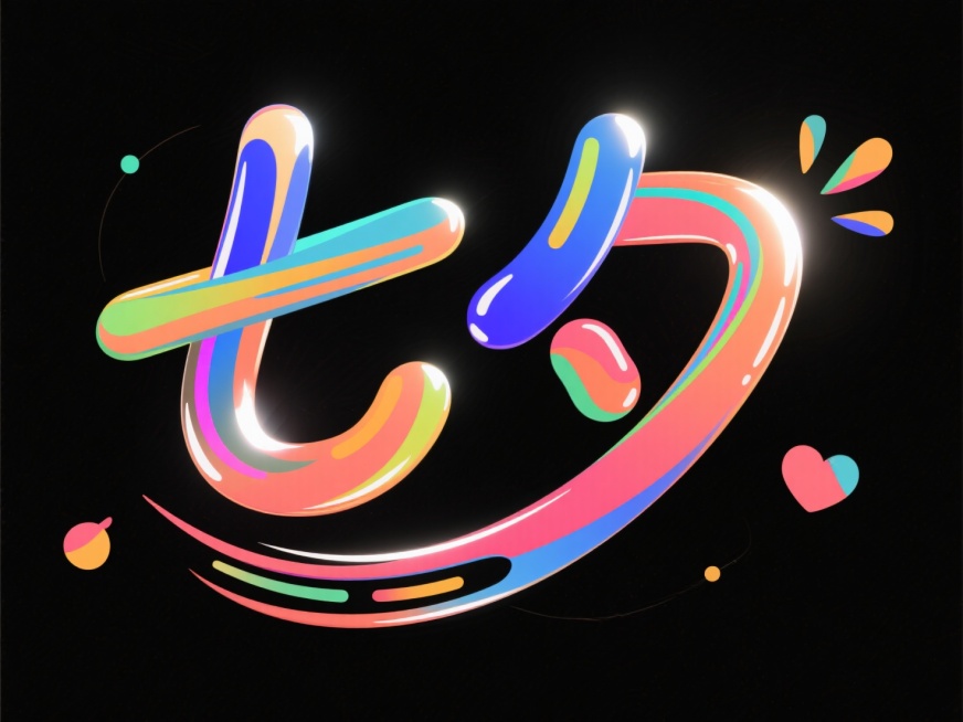 字体设计，点缀笔划，色彩多种，穿插在字体笔画中，可爱体矢量插画，标志，黑色背景，创意字体，线条流畅且富有艺术感，中文"七夕"，设计灵感：将字体进行抽象变形，创造出独特的节奏和动感，高级感，扁平化，有趣预览效果