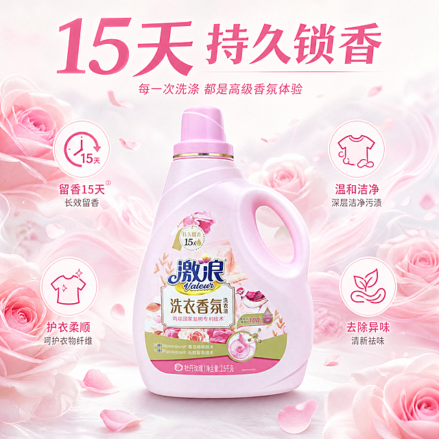 [主图-2] 激浪洗衣香氛核心卖点展示，长效留香效果可视化
[氛围风格] 清新香氛氛围感，干净高级
[画质] 商业摄影质感，光线柔和通透，产品清晰真实，画面干净高级
[元素] 一瓶粉色激浪牡丹玫瑰香氛洗衣液居中，周围扩散出淡淡的玫瑰花朵香氛云雾，周围环绕4个核心卖点图标：留香15天、温和洁净、护衣柔顺、去除异味。保持洗衣液产品外观与输入图片绝对一致，杜绝任何变形和色差。画面干净不杂乱，商品主体占比约65%。
[光影] 明亮均匀柔光，主体清晰突出，香氛云雾光影朦胧柔和
[配色] 浅白色背景为主，搭配粉色玫瑰花点缀，清新自然
[视角构图] 平视居中，主体突出
[文字版式] 顶部主标题"15天 持久锁香"，大字加粗清晰展示。四个卖点环绕产品，每个卖点配图标和短句文字，文字清晰可读，不遮挡主体。
[比例分辨率] 1:1 比例，4k 分辨率，文字清晰可辨，超高清
[负向提示词] 变形，水印，文字错乱，产品图模糊，背景杂乱，绝对化违禁用语