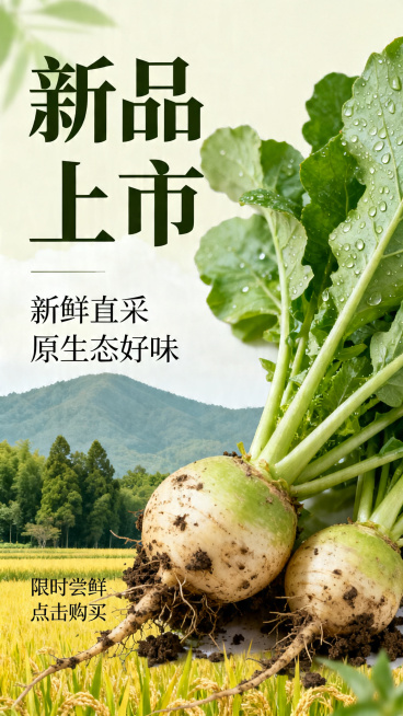竖版电商新品上市海报，产品是农产品，整体风格自然清新，突出农产品的新鲜和原生态，添加醒目的新品上市主题文案，背景用田园自然风景，构图饱满适合电商展示预览效果