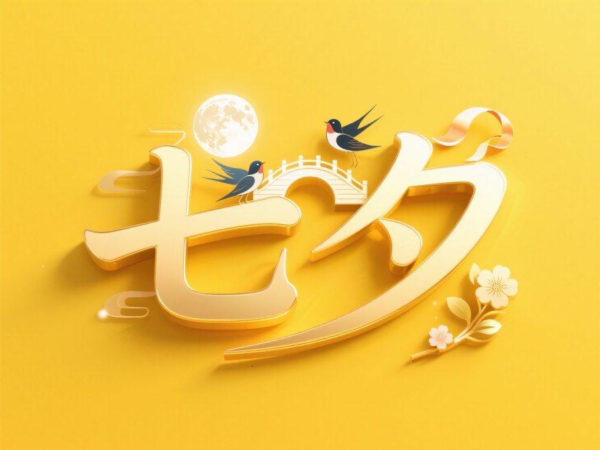横向金色文字"七夕"。创意字体设计点缀两只喜鹊、拱桥，月亮，飘带，花朵元素，线条流畅，高级感，黄色背景，高纯度配色。平面风格。预览效果
