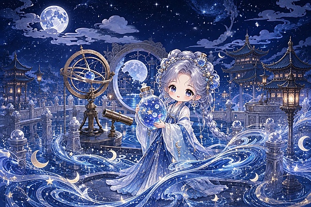 扩图1.5倍，参考原图片星空月夜古风Q版风格，扩展图片背景并完善画面，保持主体人物和原有元素不变