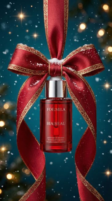 商业产品摄影，主体悬挂在红色金丝镶边缎面蝴蝶结下，瓶身覆盖薄雪；背景是深青蓝色圣诞梦幻光斑，点缀星光与飘落雪花，圣诞节日氛围浓郁；产品质感通透，玻璃反光细腻，金属与缎面材质纹理真实，光影层次丰富，商业预览效果