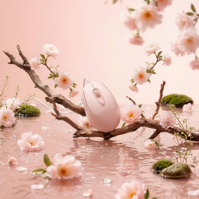 将粉色鼠标自然放置在枯树枝的水面花艺场景中，整体融合协调，光线自然柔和，比例调整为1:1构图，保持风格统一预览效果