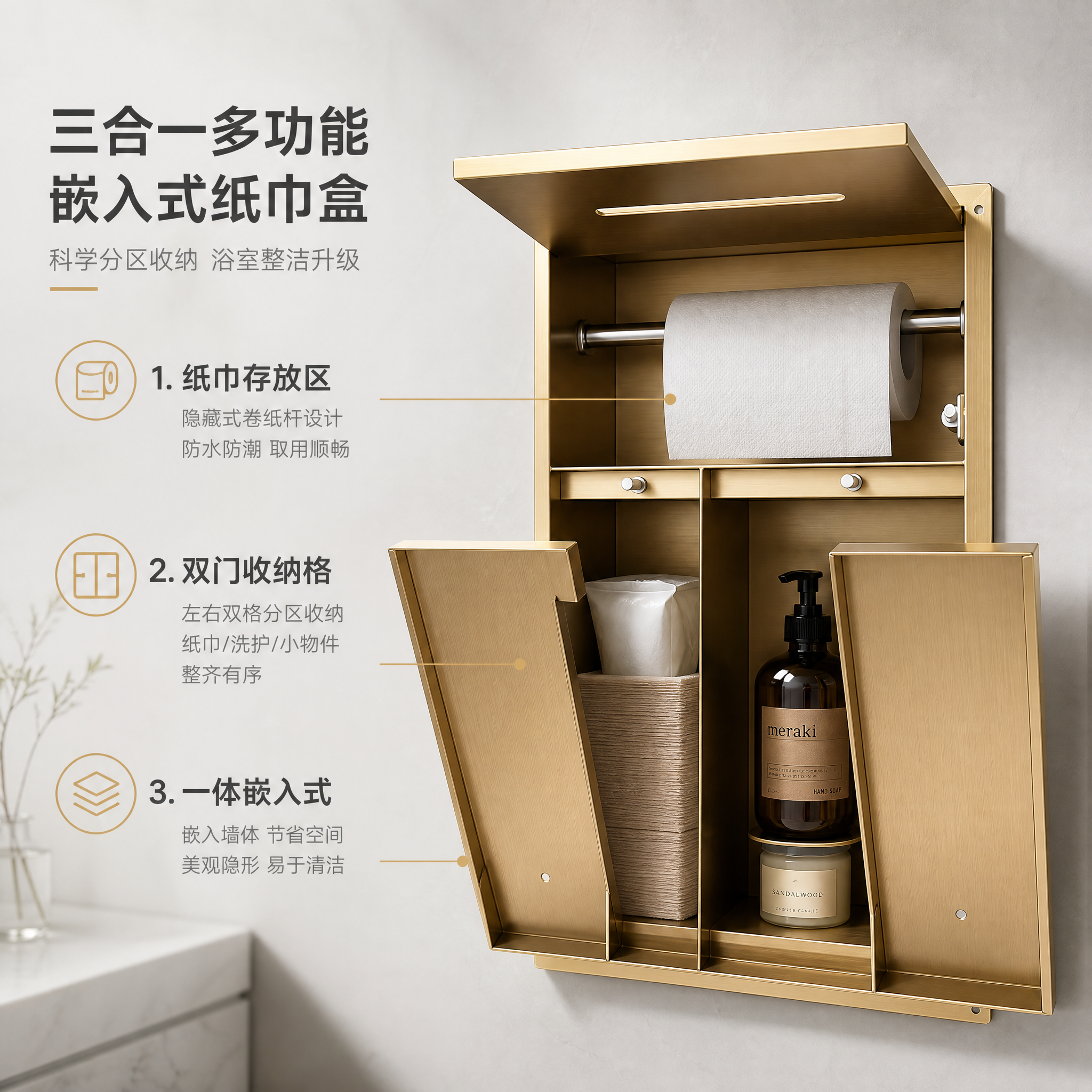 [主图-2] 嵌入式三合一多功能纸巾盒（拉丝金色款） 核心结构… - 图片创意预览