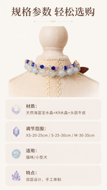 [第7屏] 规格参数-海蓝宝宠物水晶双层项圈选购指南。本屏使用图2作为产品展示图。
[氛围/风格] 简洁清晰信息卡风格，浅暖底色，规整排版，易读性强。
[元素布局] 上方放置产品项圈小图展示，占画面3预览效果
