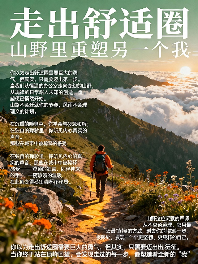 大字风标题搭配实景山野画面，光影交错间传递励志感与宽阔感，杂志风排版融合印刷质感，质朴自然中蕴藏清新柔和，激发心灵探索的舒适共鸣。