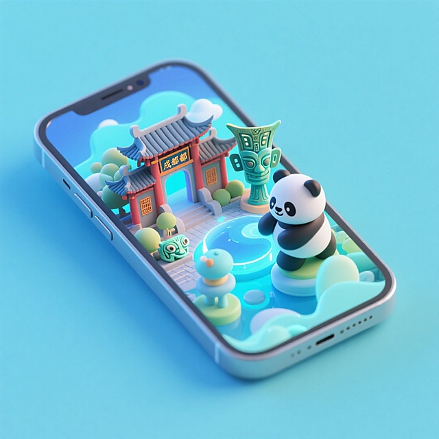 软3D风格的微缩艺术场景，融合熊猫与古蜀文化元素，清新梦幻，充满卡通感与体积感，呈现虚拟现实中的成都主题创意。